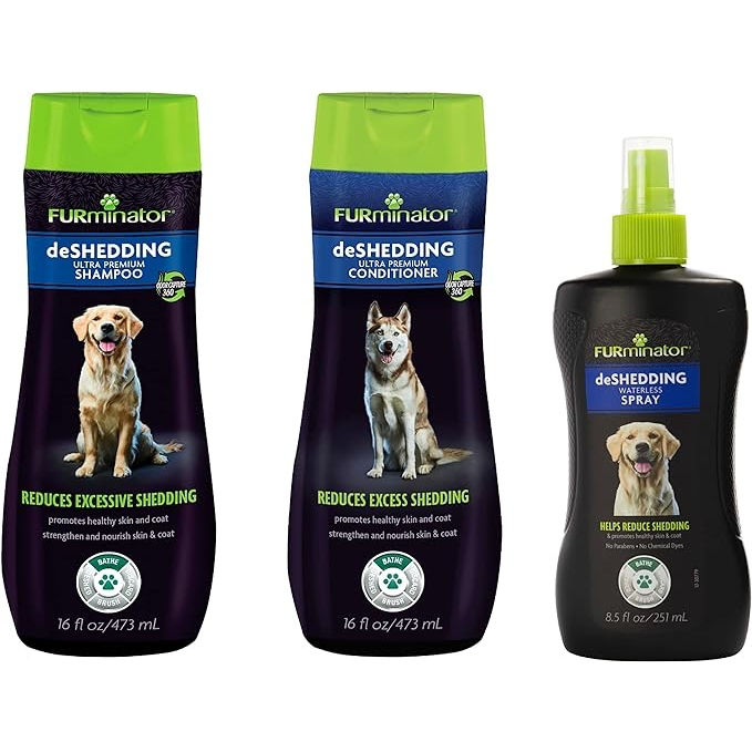Furminator deshedding kit, deshedding shampoo, deshedding conditioner, deshedding waterless spray for dogs 40.5oz set of 3