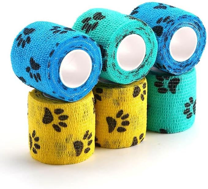 WePet Pet Wrap, self-adhesive, only sticks to itself, non-woven tape for dog legs, paws, wounds, first aid cohesive gauze 6 rolls 2” pawprints