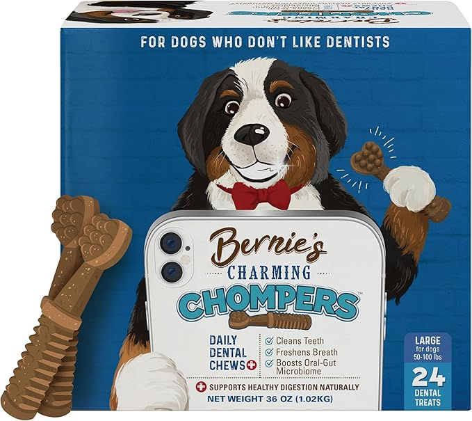 Bernie’s charming chompers – daily dental chews for dogs 50-100lb  – cleans teeth, freshens breath, boosts oral-gut microbiome.  Easy to digest, supports healthy digestion naturally. Large Dog