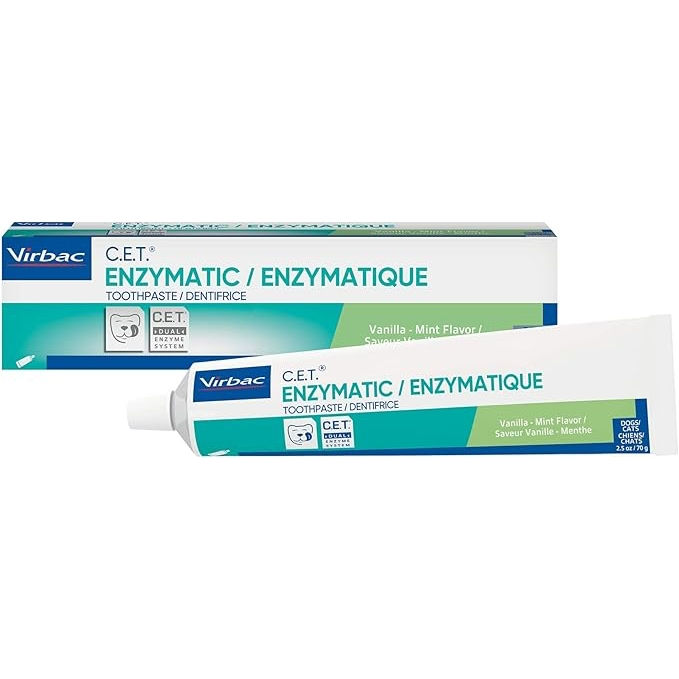 Virbac C.E.T. Enzymatic toothpaste eliminates bad breath by removing plaque and tartar buildup best pet dental care toothpaste vanilla mint 2.5oz