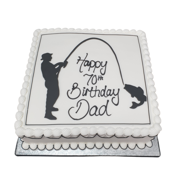 A beautifully decorated fishing-themed cake featuring intricate detailing of fishing rod, tackle box, and fish on a blue fondant base. Perfect for anglers and fishing enthusiasts.