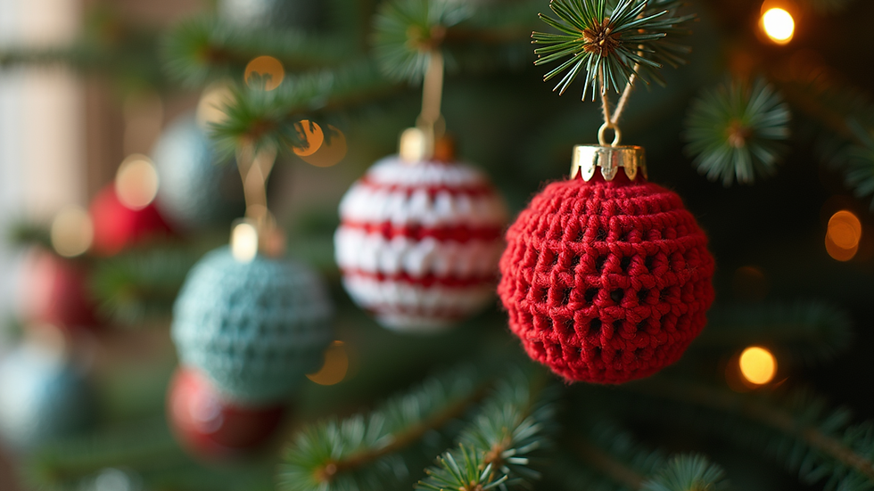 Eye-level view of colorful crochet Christmas ornaments hanging on a tree