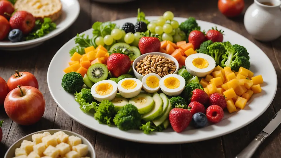 Eye-level view of a healthy plate of food with fruits and vegetables