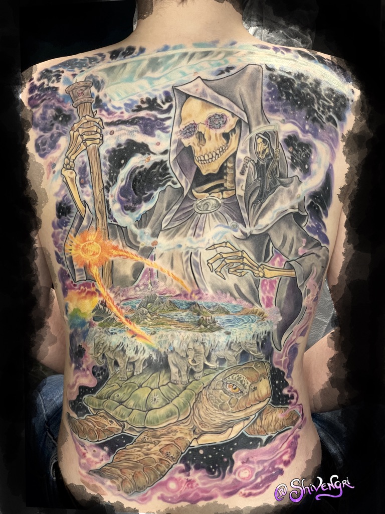 Full-back cosmic scene with a hooded skeleton above a world carried by turtles