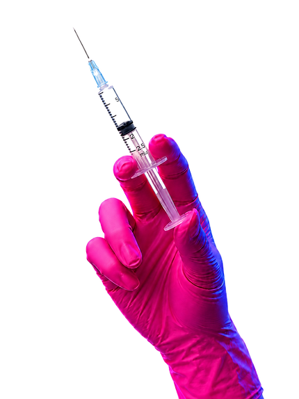 Pink-gloved hand holding a syringe-style tool on a transparent background.