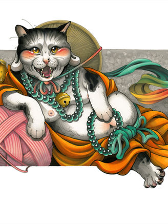 Whiskers of Wisdom lounging cat art print by Mitchel Trapp at Atomic Tattoo Edmonton