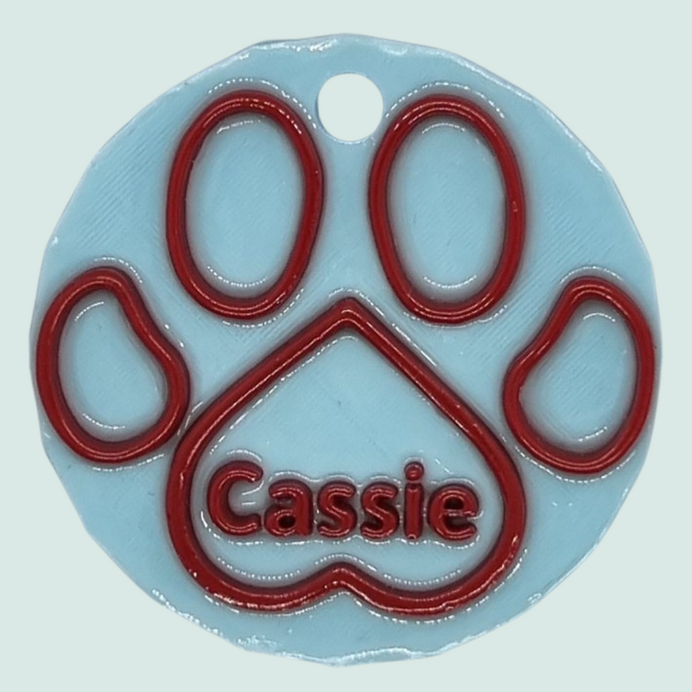 Thumbnail: Lichtblauwe ronde hondenpenning met kwartelrand met rode pootopdruk en naam Cassie