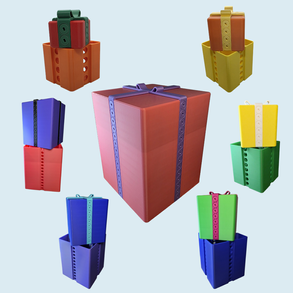 3D-geprinte schroefpuzzelbox met meerdere onderdelen en levels in verschillende kleuren.