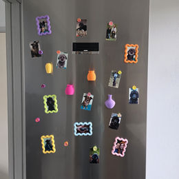 Koelkast versierd met kleurrijke 3D geprinte fotolijstjes, magneetjes en vaasjes met foto’s van honden
