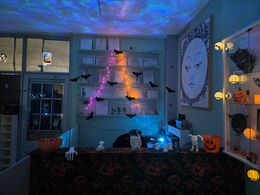 In Halloween sfeer versierde trimsalon met 3D-geprinte decoraties, lichtjes, vleermuizen en griezelige details op de balie