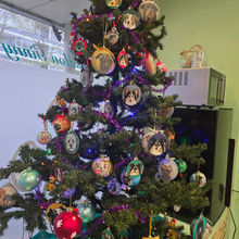 Kerstboom gevuld met meerdere 3D geprinte kerstballen met hondenportretten