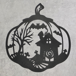 3D geprinte Halloween muurdecoratie met spookhuis, kerkhof en vleermuizen in zwart silhouet ontwerp