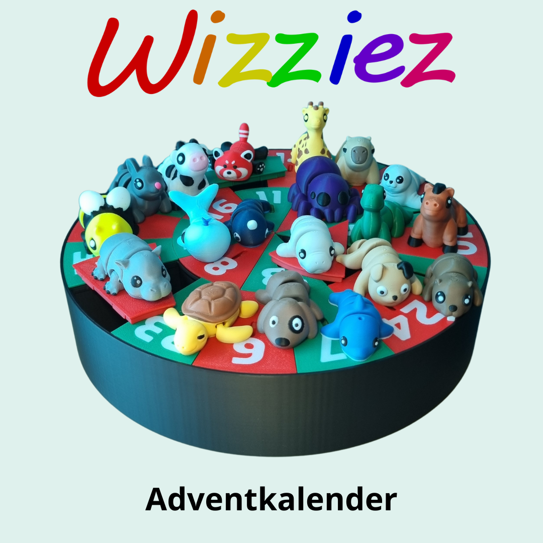 Ronde adventkalender met genummerde vakjes en kleurrijke Wizziez erop, onder het regenbooglogo van Wizziez