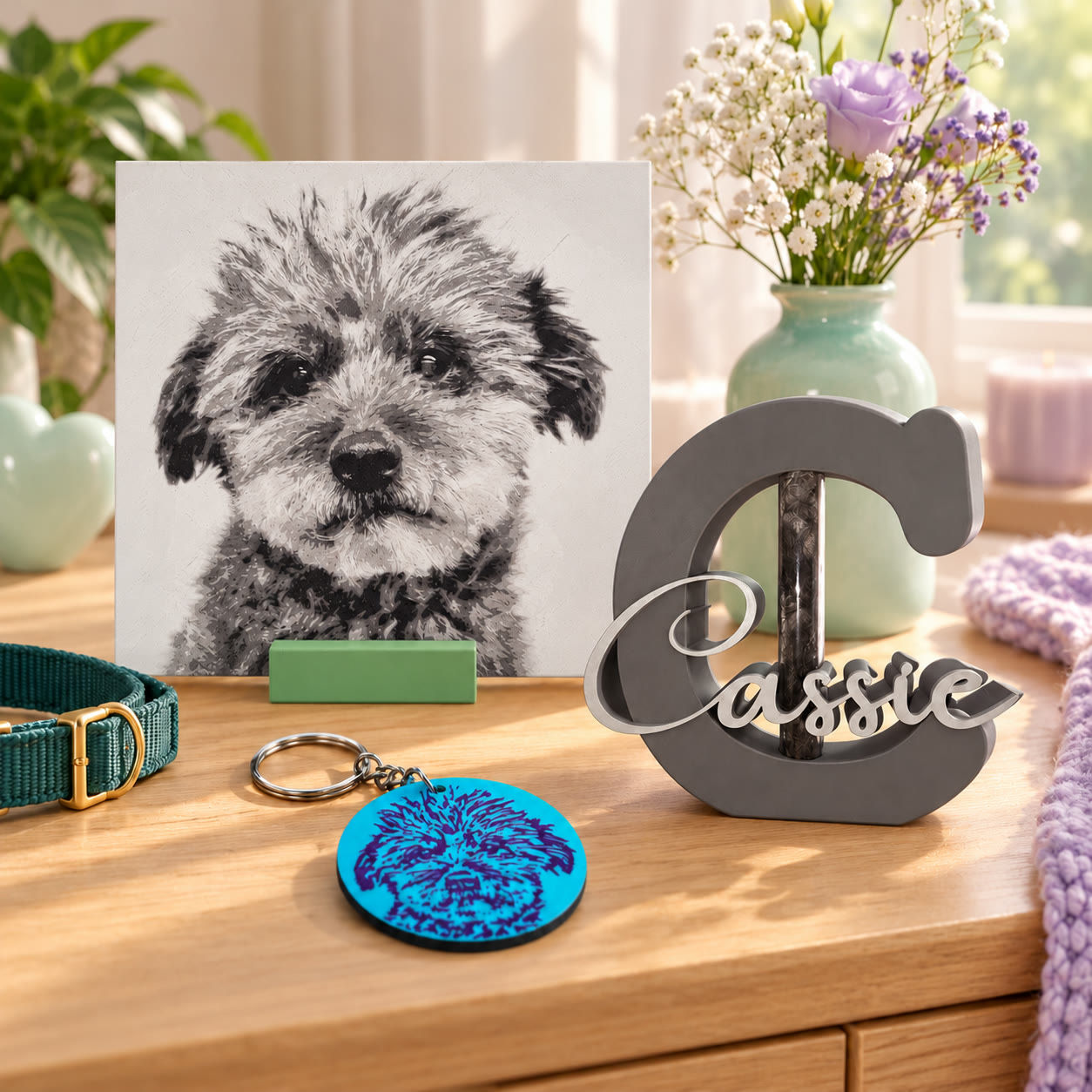 Pakket Voor altijd bij je: 3D-portret op standaard, Plukje Liefde en sleutelhanger – Printpootjes Ginny