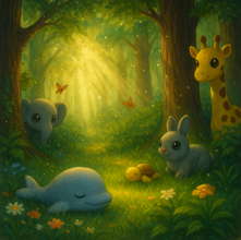 Illustratie van een magisch bos met zonnestralen, bomen en vriendelijke dieren zoals een giraffe, konijn, olifant en dolfijn.