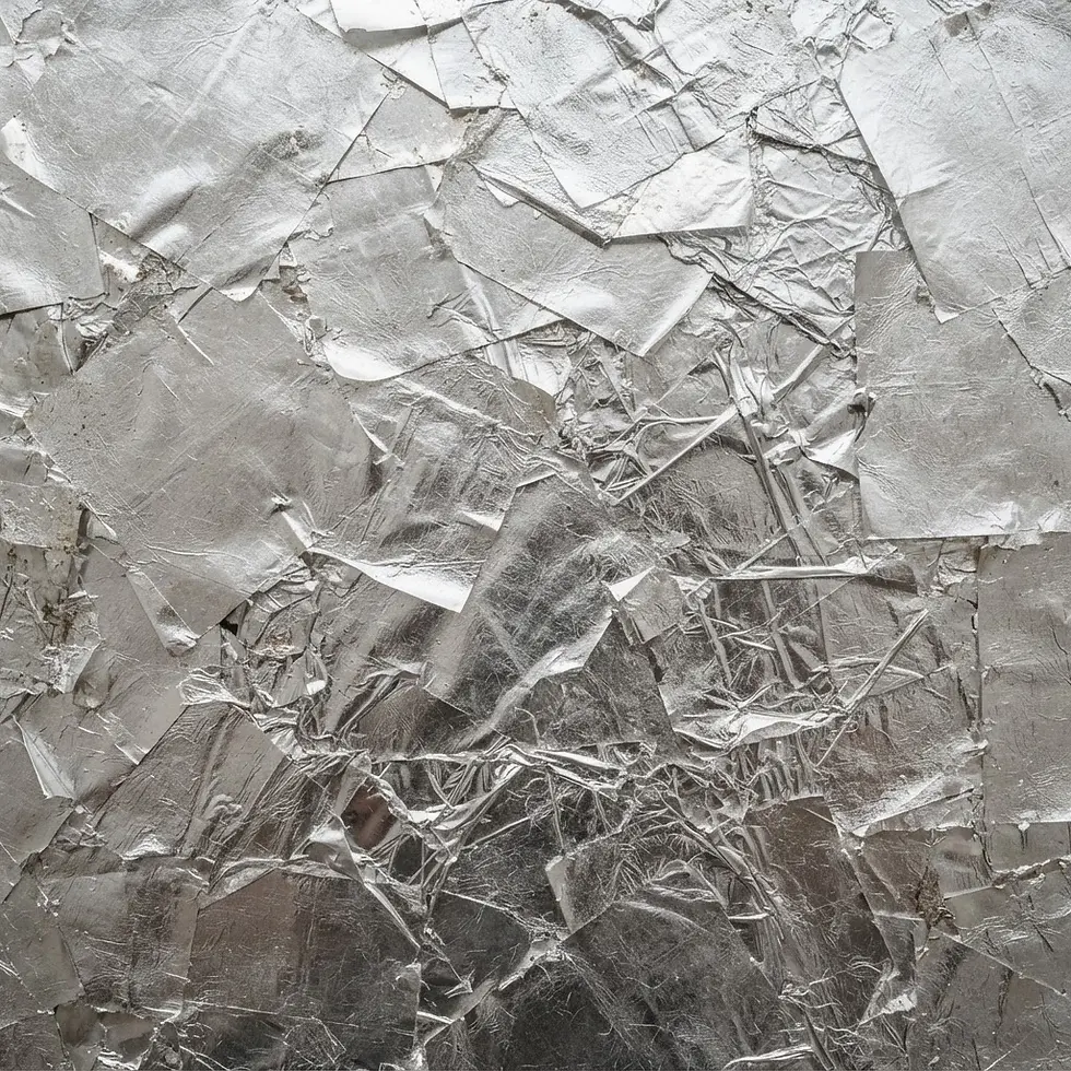 Textured metallic paper with a close-up view of crumpled silver material featuring sharp creases and reflective highlights.