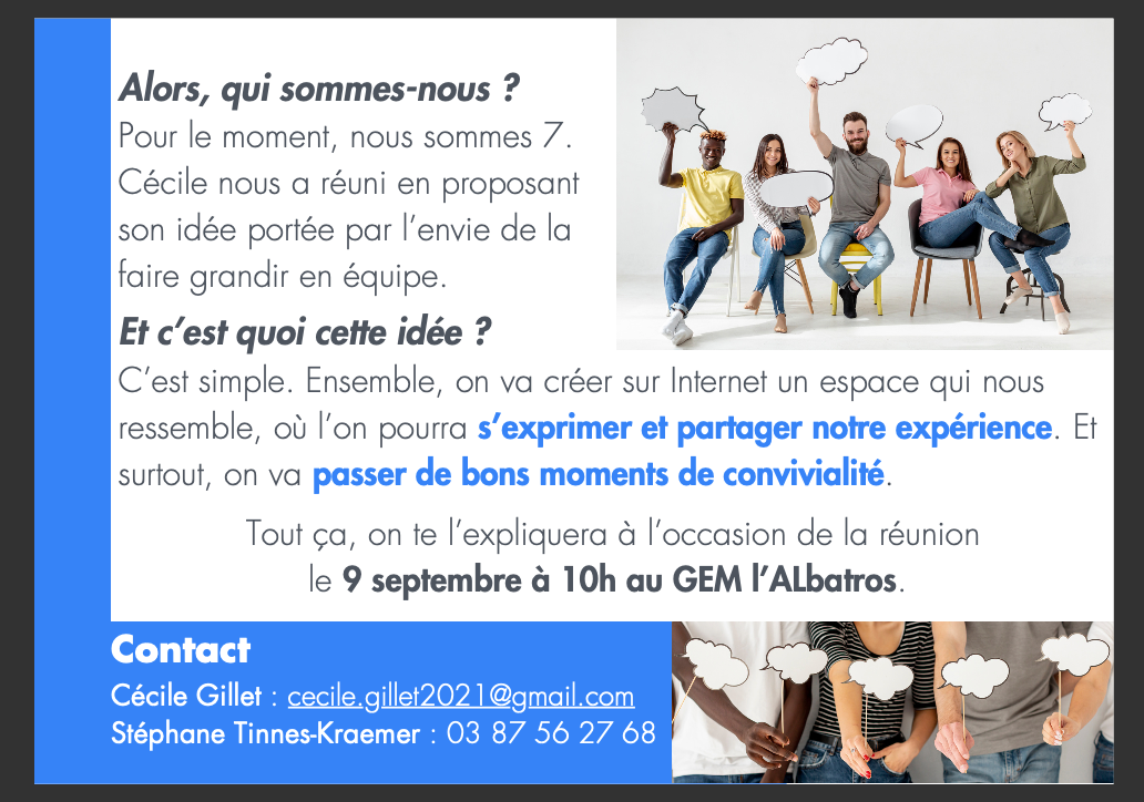Invitation Réunion Projet espace expression sur internet Lettres de couleurs sur fond blanc bleu groupes de personnes