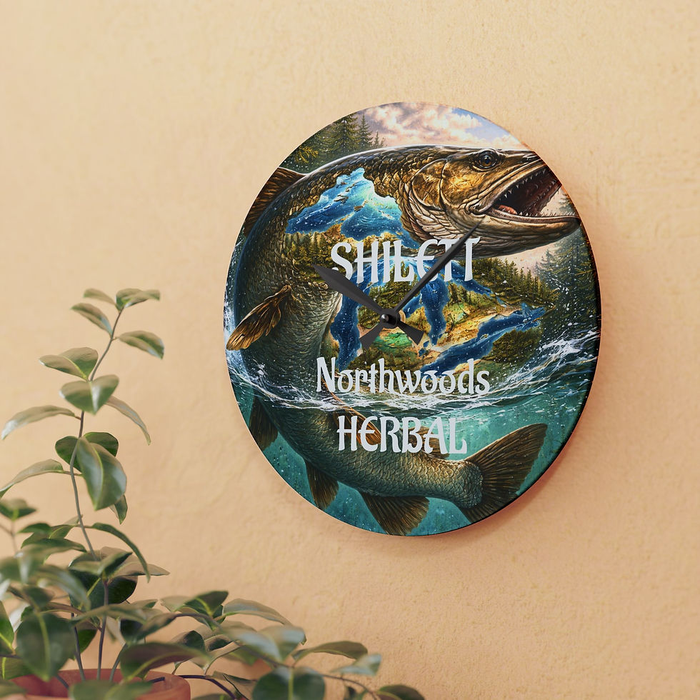 Thumbnail: Northwoods Herbal Fishing Acrylic Wall Clock — Rustic Pike Lake Art