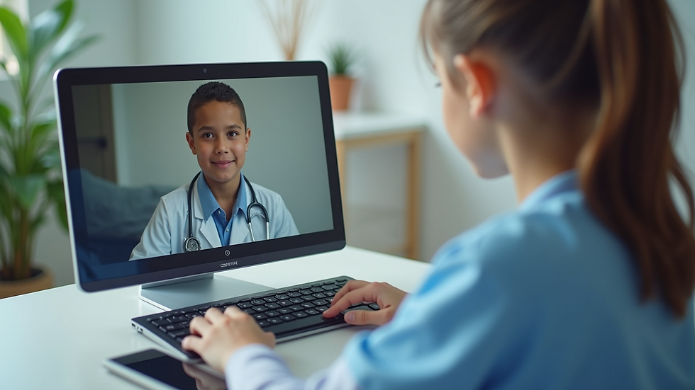 Eye-level view of a child participating in a telehealth session with a healthcare provider