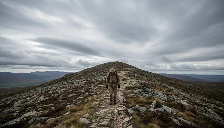 Wide-angle view of a lone person walking up a rocky hill under a cloudy sky.