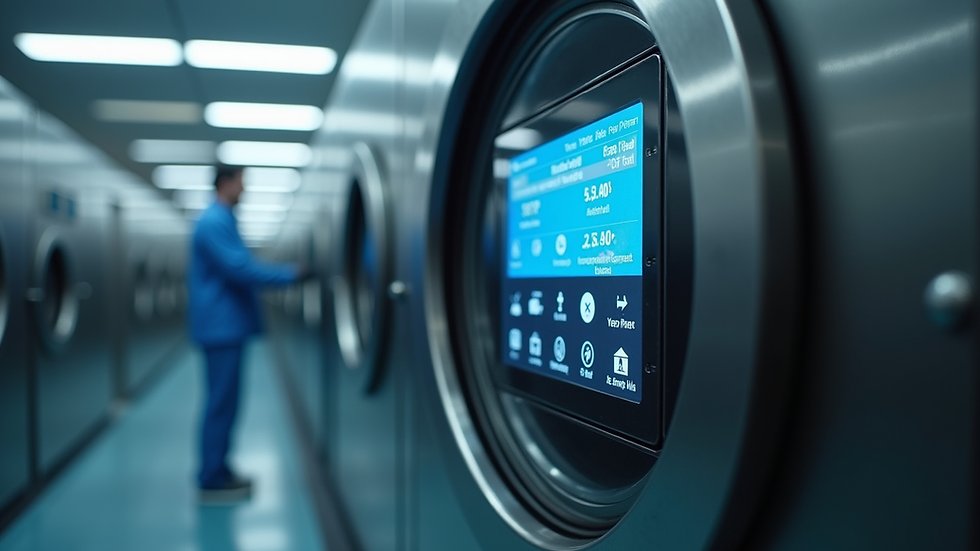 Close-up view of a digital control panel on a cleaning machine in a modern facility
