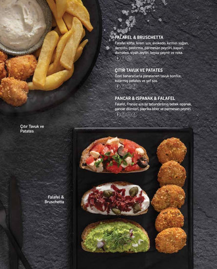 Hospitality menu with falafel, bruschetta, and chicken nuggets