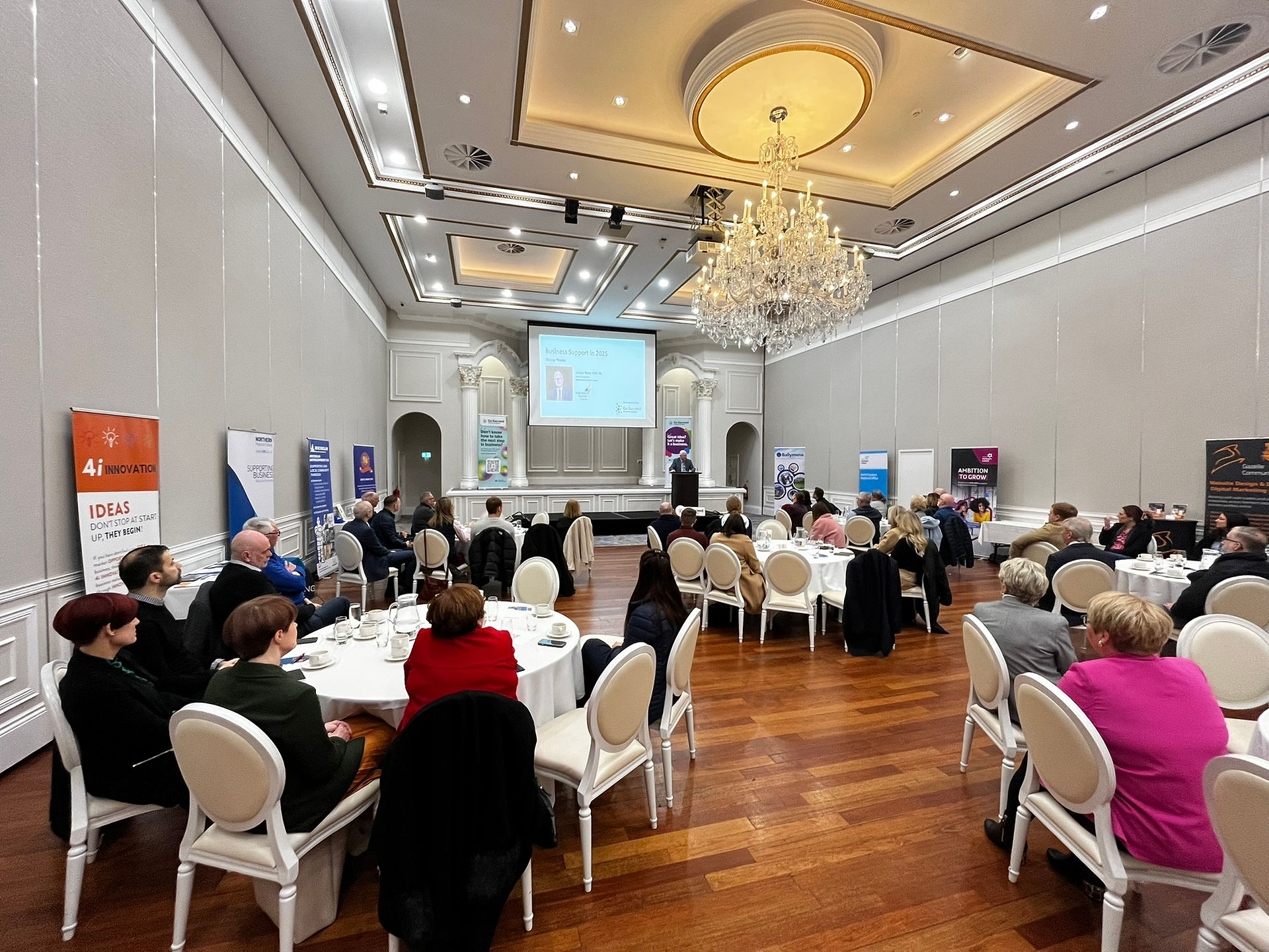 Over 50 representatives from local businesses were in attendance to hear 5-minute inputs from a range of organisations who provide finance and support for local businesses. Presenters included, Ballymena Business Centre, Enterprise NI, Invest NI, Northern Regional College, Mid and East Antrim Borough Council, The Rotary Club of Ballymena, Michelin Development Ltd. Attendees were given the opportunity to meet on a one-to-one basis with the presenters at the conclusion of the formal presentations. 