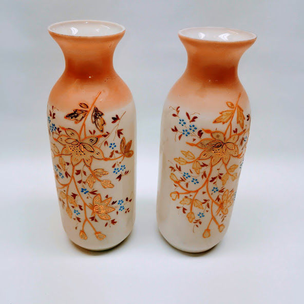 Thumbnail: Pair of Victorian Peach Enamel Vases
