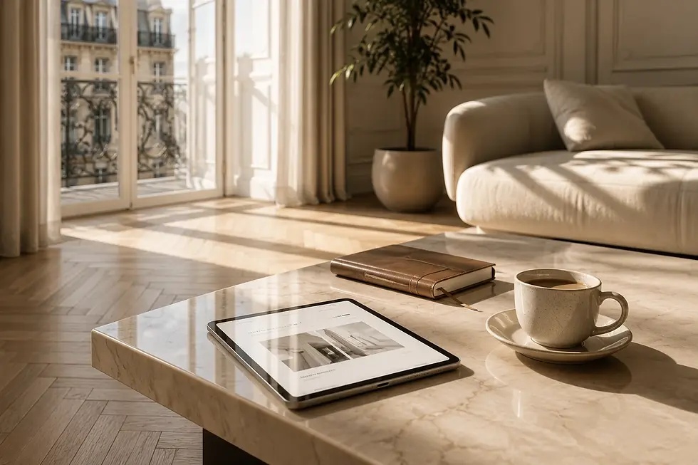 Tablet e tazza di caffè su un tavolino di marmo nel soggiorno di un appartamento in valutazione