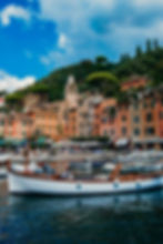 Panoramic view of Portofino village and harbor from the sea