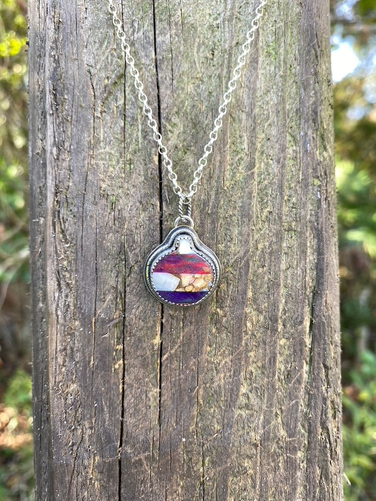 Thumbnail: Aura Opal & Spiny Oyster Christmas Ornament Sterling Silver Necklace
