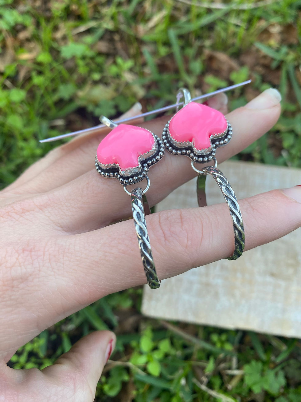 Thumbnail: Pink Spade Billiard Ball Sterling Silver Huggie Hoop Earrings