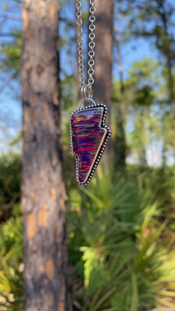 Thumbnail: Purple Flash Aurora Opal Lightning Bolt Sterling Silver Necklace Pendants