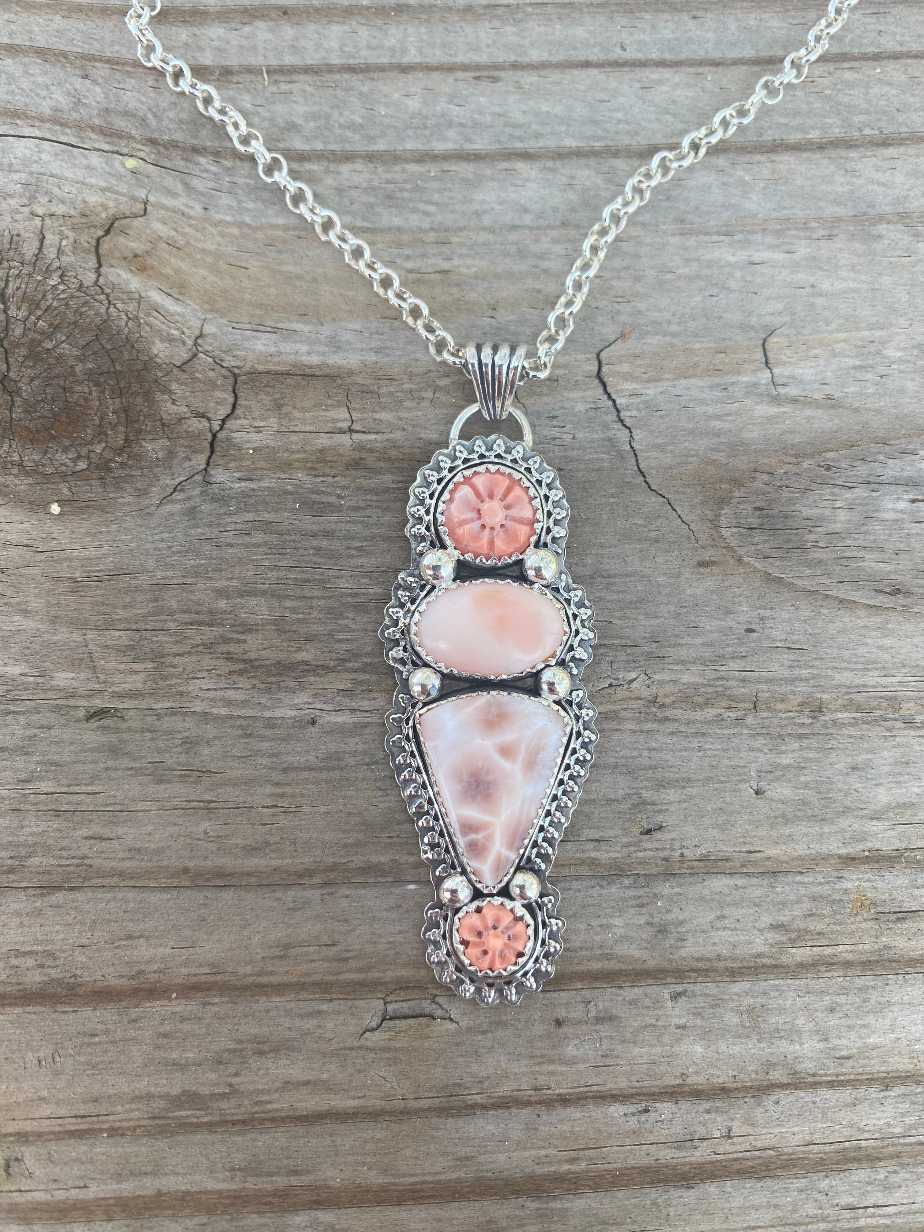 Peach Angel Skin Coral & Thomsonite Sterling Silver Necklace Pendant