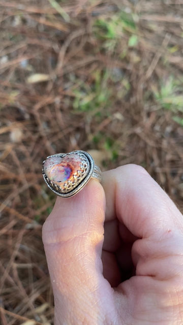 Thumbnail: Heart Fire Opal Sterling Silver Stamped Ring, Size 6 - 6.25