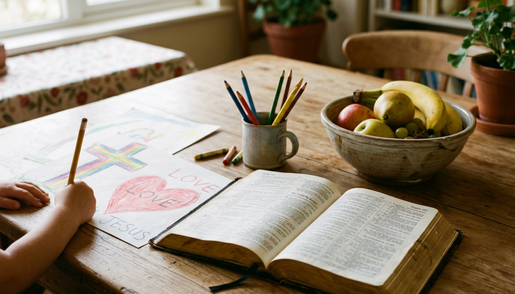 Wide-angle view of a family Bible and colored pencils on a kitchen table with soft afternoon light