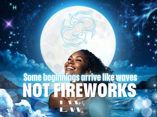 A full moon made of glowing blue light, with sparkling and dazzling effects, underneath, staring up at the moon, floating in a dazzling ocean, with gentle waves, a smiling, blue-light-glowing African American woman on an energy field against a dark cosmic background. The scene is full of magic and fantasy, creating dreamy colors. High resolution, hyper quality, hyper-realistic style; Lightworkers Garden