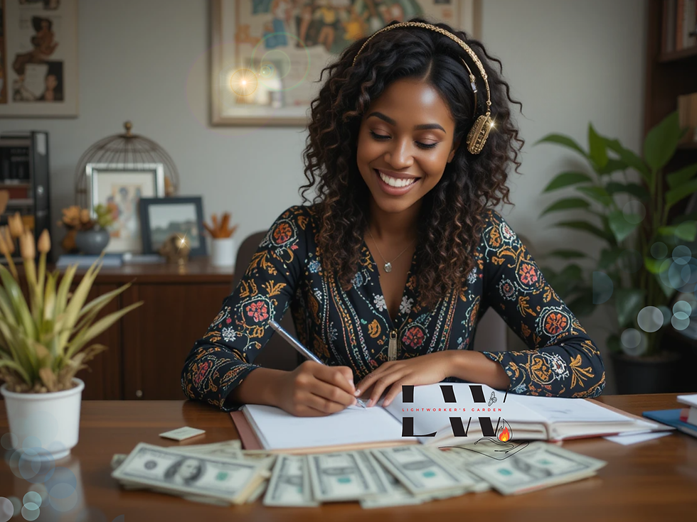 photo realistic image of a beautiful joyful African American woman sitting a desk journaling; cash dollar bills on table; Lightworkers Garden