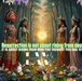 An abstract, mystical, symbolic portrayal of an Orisha goddess, a Celtic goddess, a native american goddess, and an Asian goddess all in their individual native wardrobes in a forest, at dawn, in a semi-circle overlooking rabbits, eggs, flowers, and other Spring elements; Lightworkers Garden