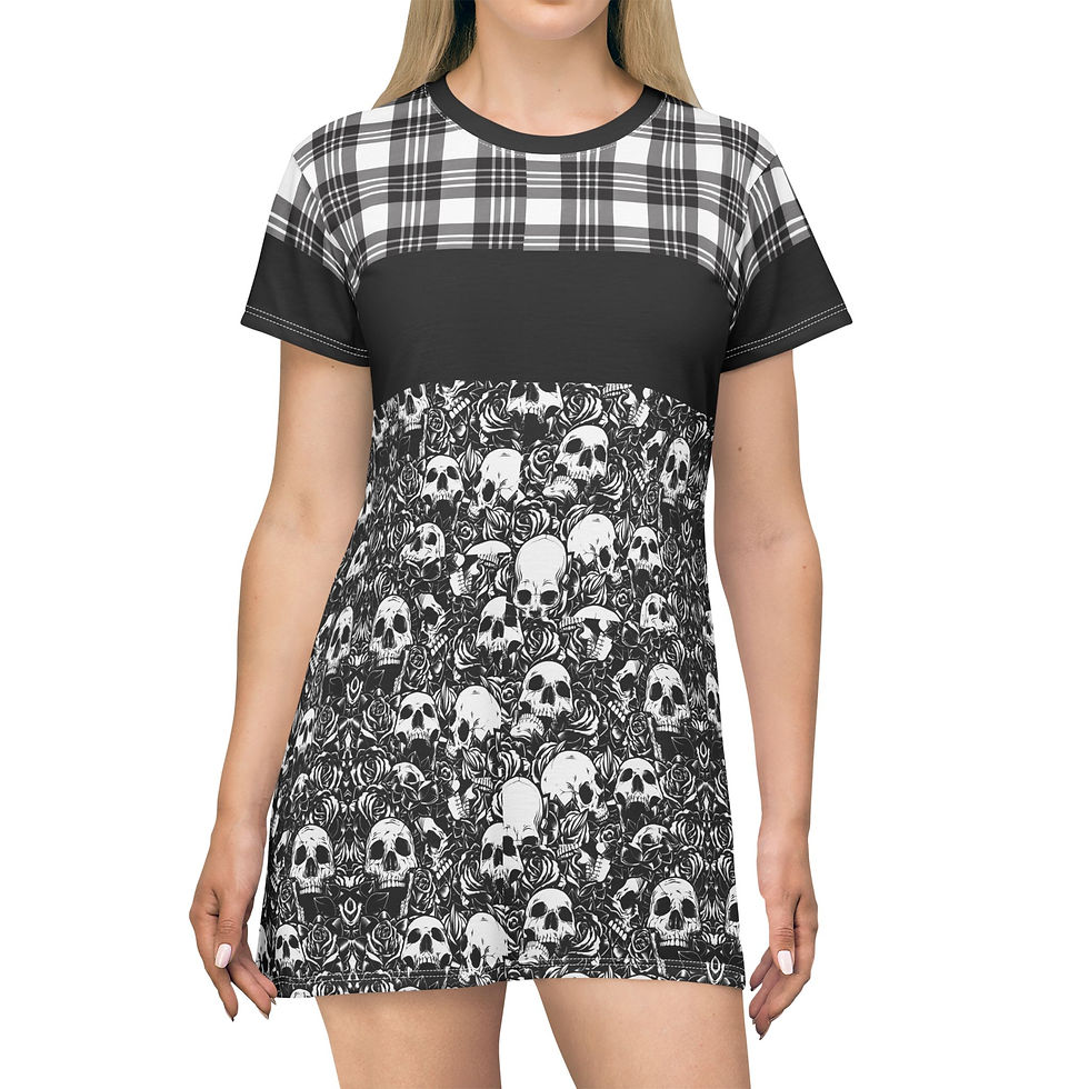 Thumbnail: Plaid and Skulls Print T-Shirt Dress