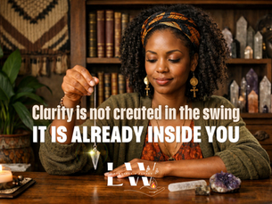 A beautiful African American woman sitting at her desk holding a pendulum, which she has hovering over the desk; behind her, a bookshelf of leather-bound books and crystal towers; the room is decorated in afrocentric bohemian; Lightworkers Garden