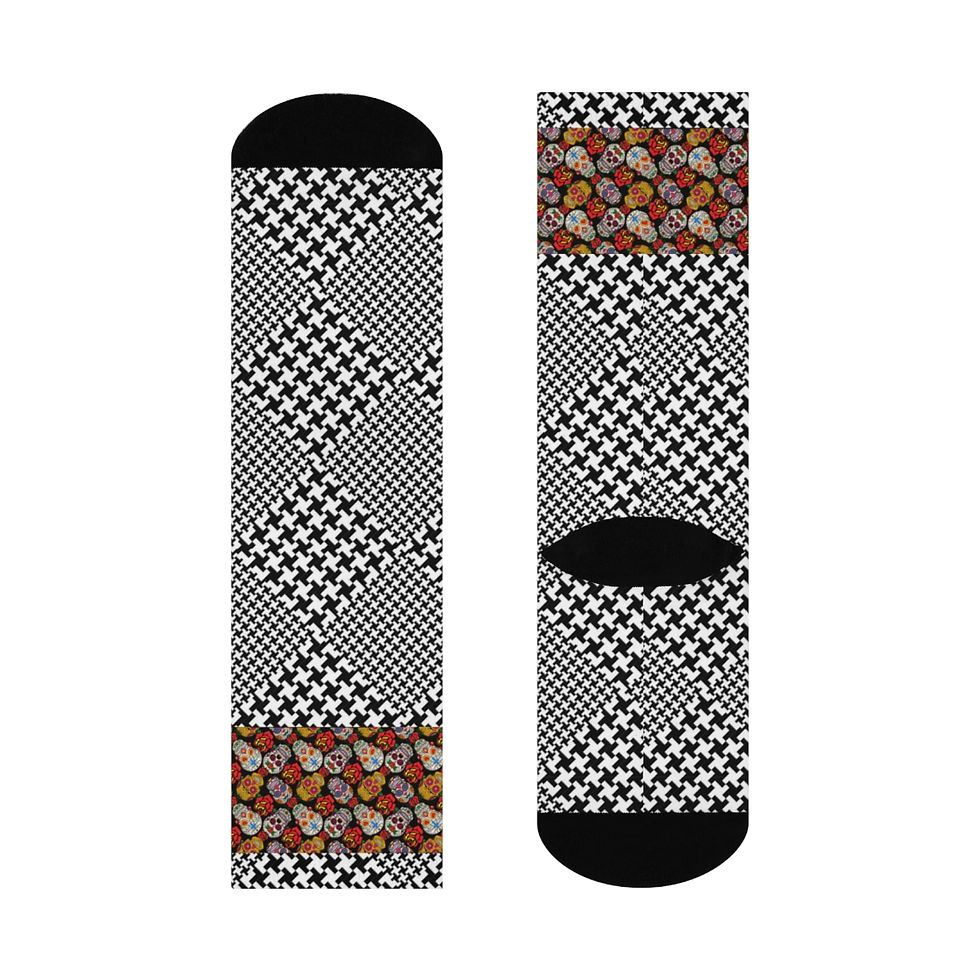 Thumbnail: Hounds Tooth Orange Sugar Skulls Crew Socks