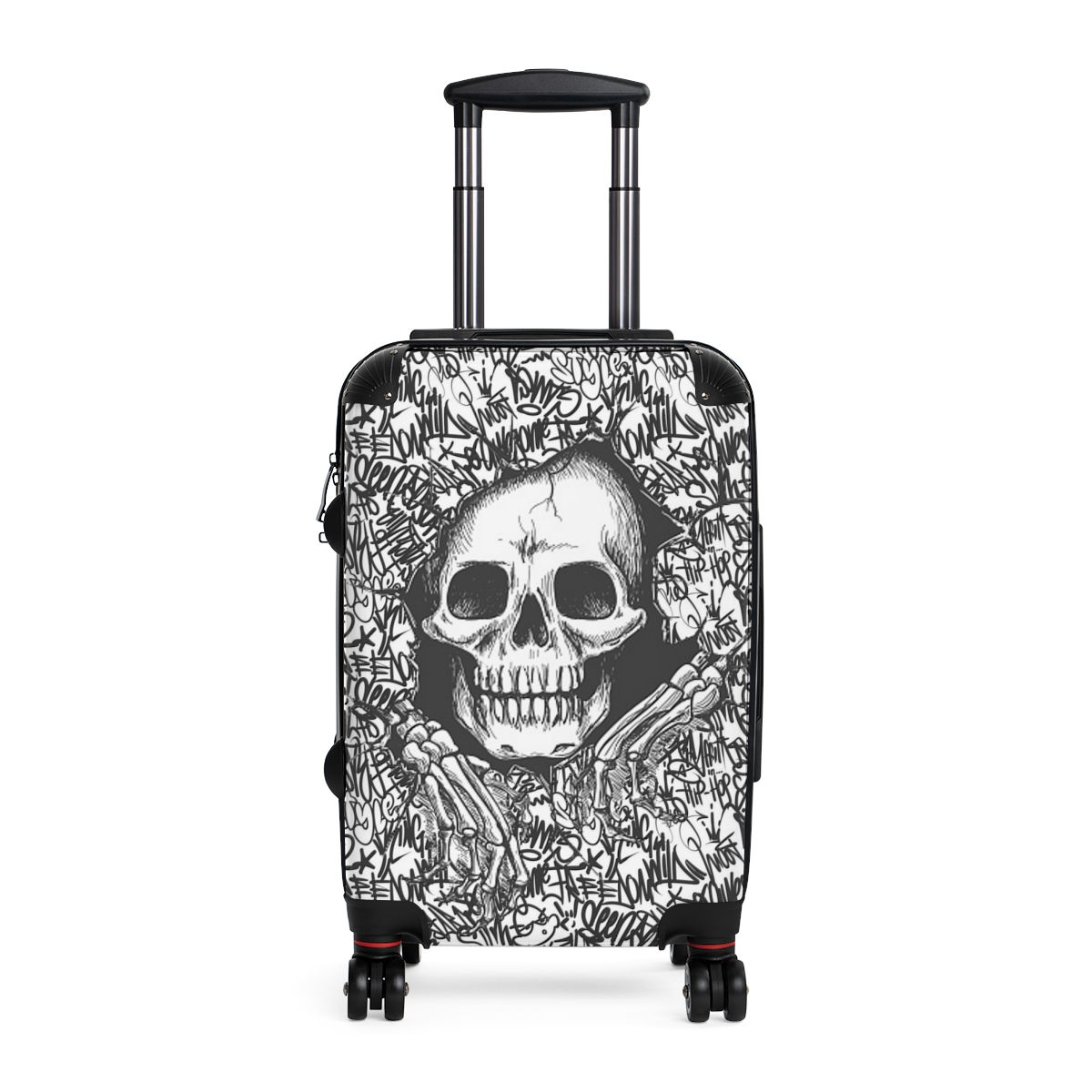 Black White Graffiti Print - Skull - Carry On Suitcase