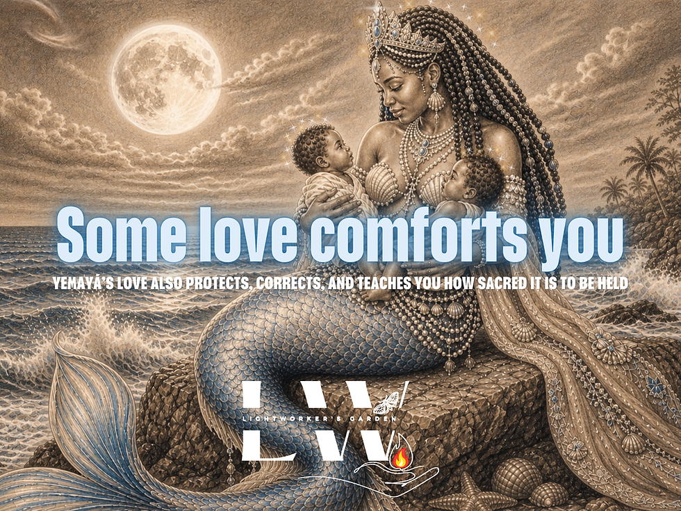 pencil illustration in warm sepia tones of Orisha Yemayá as a mermaid with long, adorned braids; she has hints of blue and white in her tail. She is on a rock, in an ocean-type setting, holding twin babies, one in each arm; she looks lovingly at the babies, under the glowing light of the full moon; Lightworkers Garden