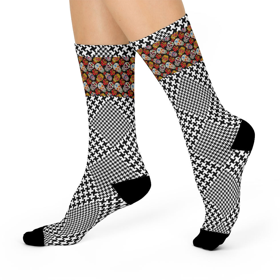 Thumbnail: Hounds Tooth Orange Sugar Skulls Crew Socks