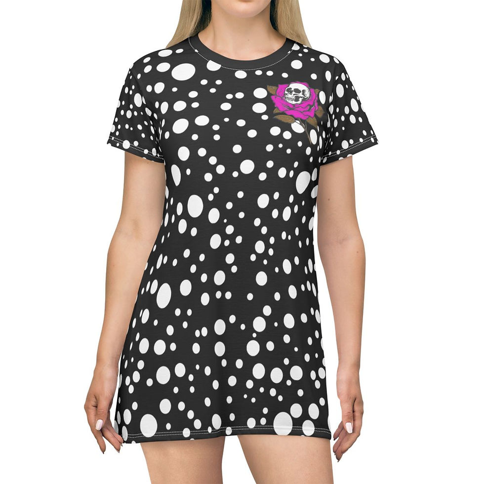Thumbnail: Polka Dot Skull and Rose Print T-Shirt Dress