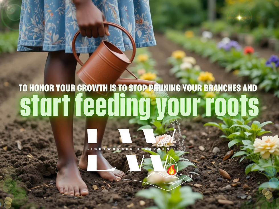  photorealistic image of a beautiful African American woman standing barefoot in soil in a garden, she is watering the garden; near her feet are newly planted rows of flowers; Lightworkers Garden