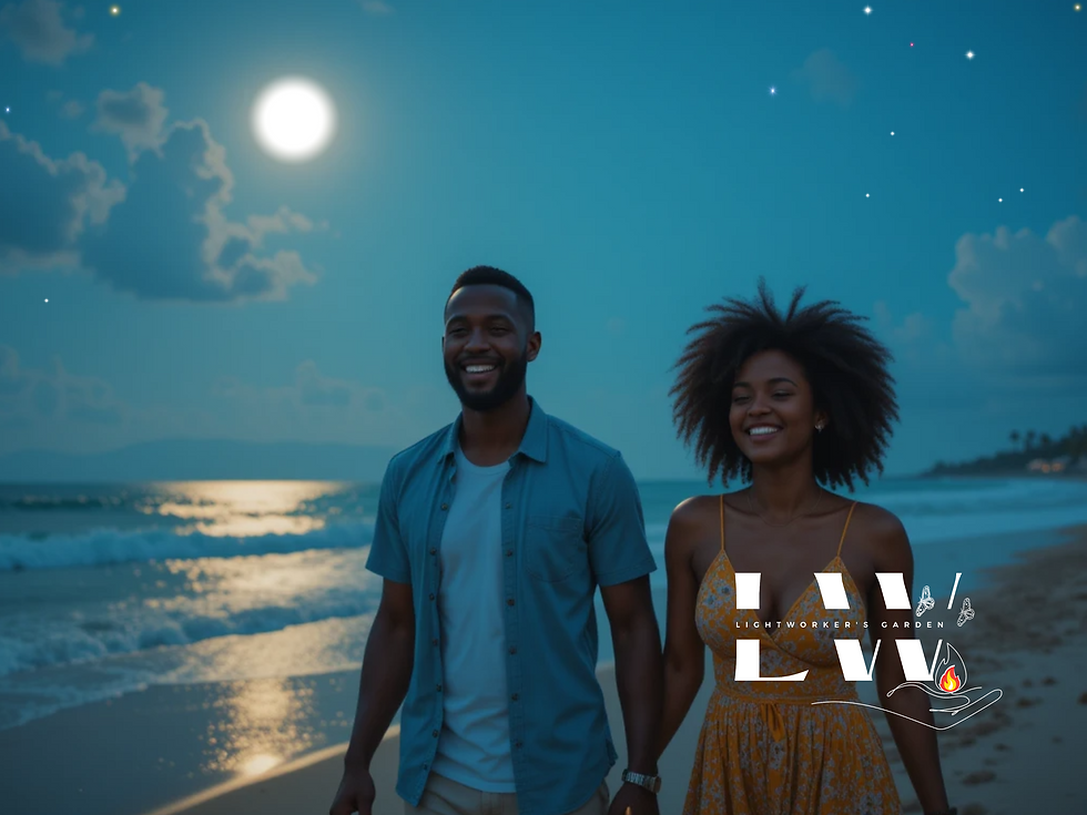 July 2025 New Moon in Leo, couple walking on the beach; Lightworkers Garden