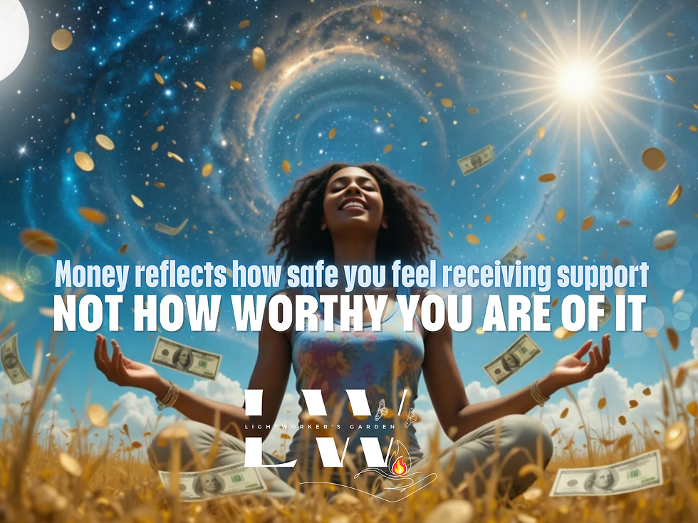 photo realistic image of a beautiful joyous African American woman mediating in a field, the sky is half blue skies with sunshine and half universe; there are gold coins and dollar bills are raining down from the sky; Lightworkers Garden