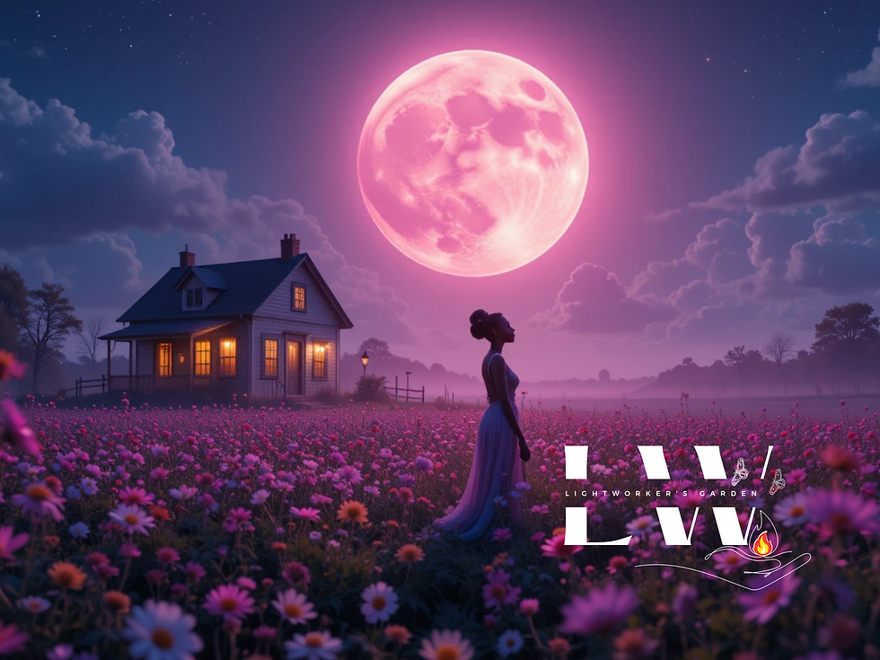 Lightworkers Garden, woman standing in field of wild flowers under pink moon, June 2025,  Strawberry Moon